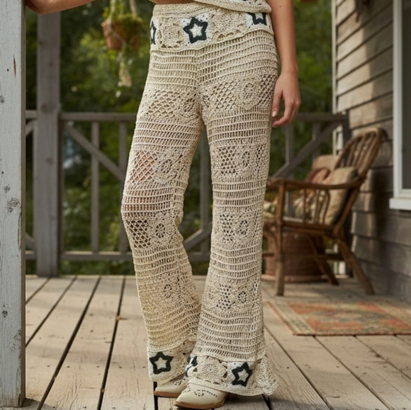 POL High-Rise Star Patchwork Openwork Granny Crochet Flare Leg Retro 70’s Pants - Picture 8 of 16